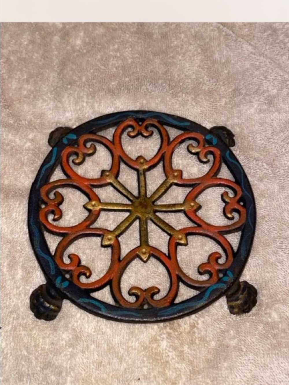 Decorative Cast Iron Trivet - Multicolor Floral Medallion